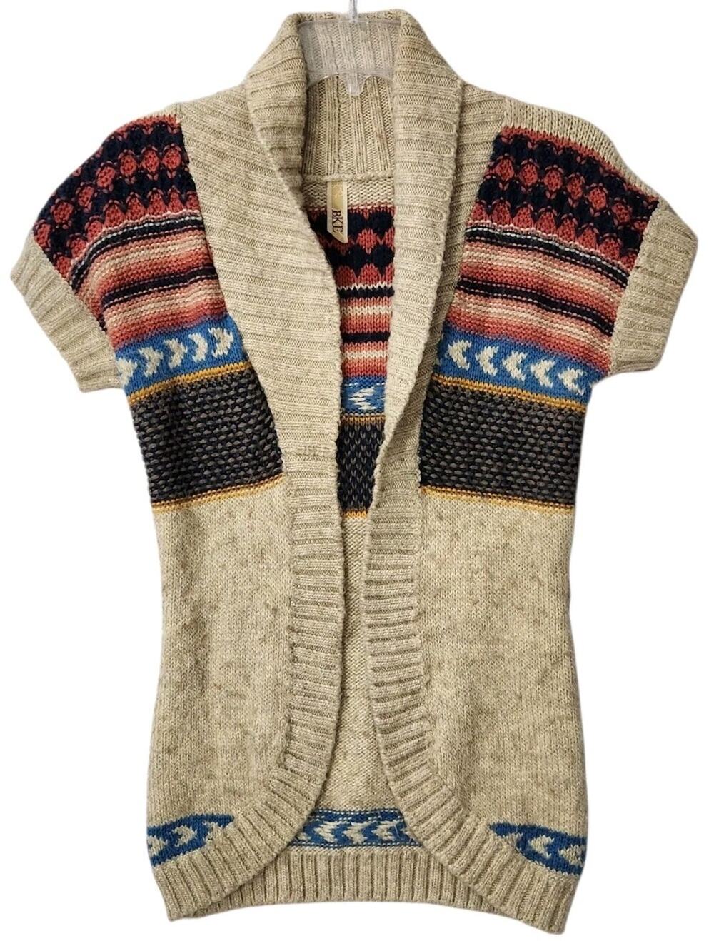 Y2K BKE BUCKLE WOMENS SWEATER ALPACA CARDIGAN BEIGE FAIR ISLE WESTERN BOHO XS
